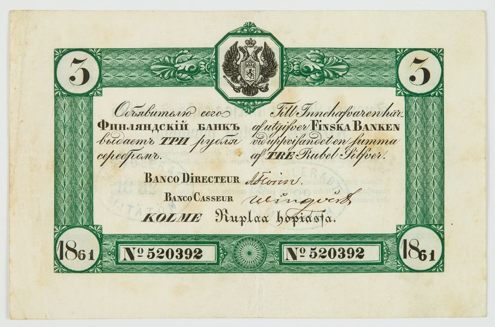 3 ruplaa vuodelta 1861
